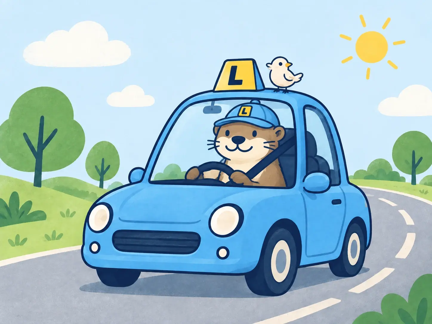 Our otter mascot in a blue learner cap, driving a sky-blue car with a little bird friend